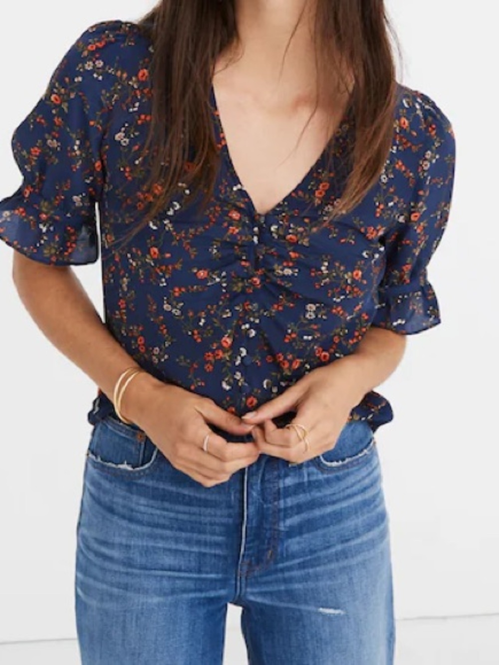 Madewell Navy Floral V-Neck Ruffle-Sleeve Blouse